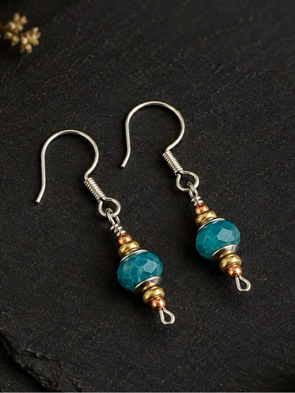 Natural Pacific Blue Apatite Bead Drop Dangle Earrings / Mixed Metal Accents